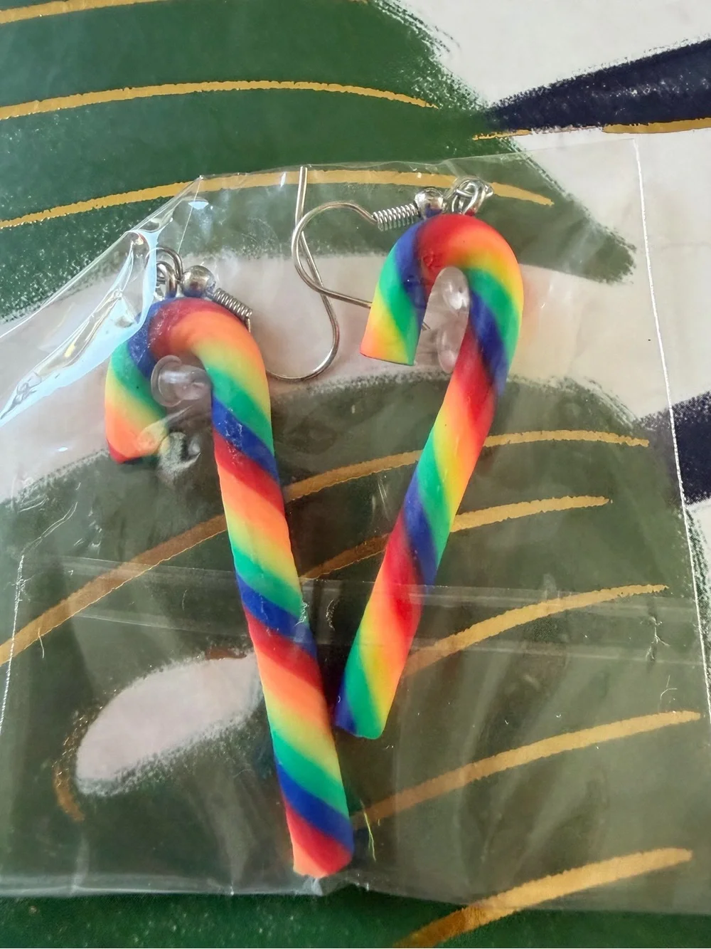 Rainbow Candy Cane Dangle Earrings Holiday Christmas Clay Lightweight